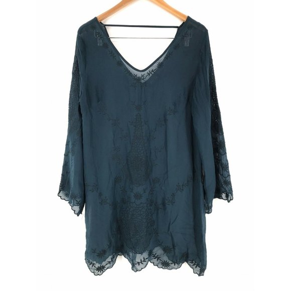 ASTR Teal Green Bell Sleeve Sheer Embroidered Mini Shift Dress S Read - Picture 2 of 8